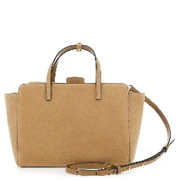 Beige Medium Handbag with Adjustable Shoulder Strap and Front Pocket in Suede for Women