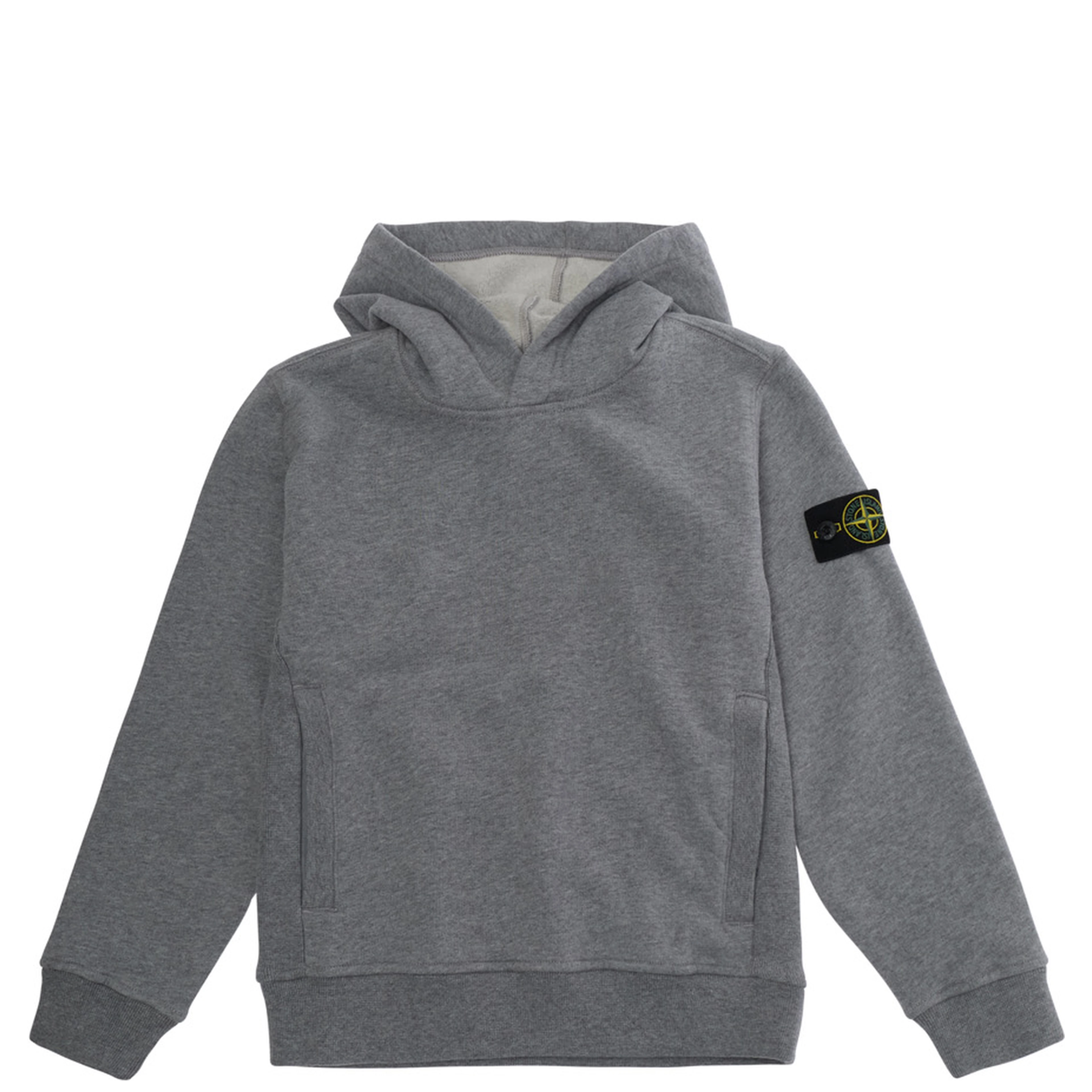 Gray Hoodie with fixed hood and logo patch on the sleeve in Cotton Boy