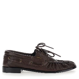 Le Loafer Bateau Brown Boat Shoes with Hand-Stitched Moc Toe and Cassandre Plate in Grained Leather Men