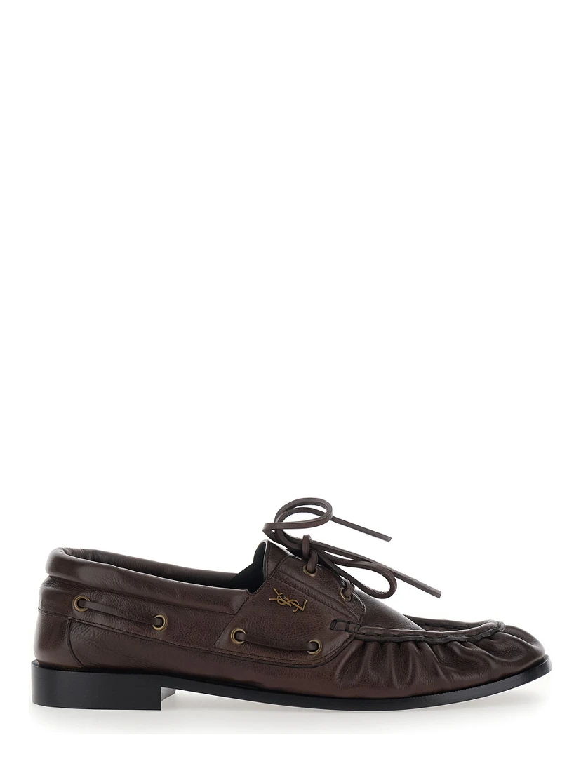 Le Loafer Bateau Brown Boat Shoes with Hand-Stitched Moc Toe and Cassandre Plate in Grained Leather Men