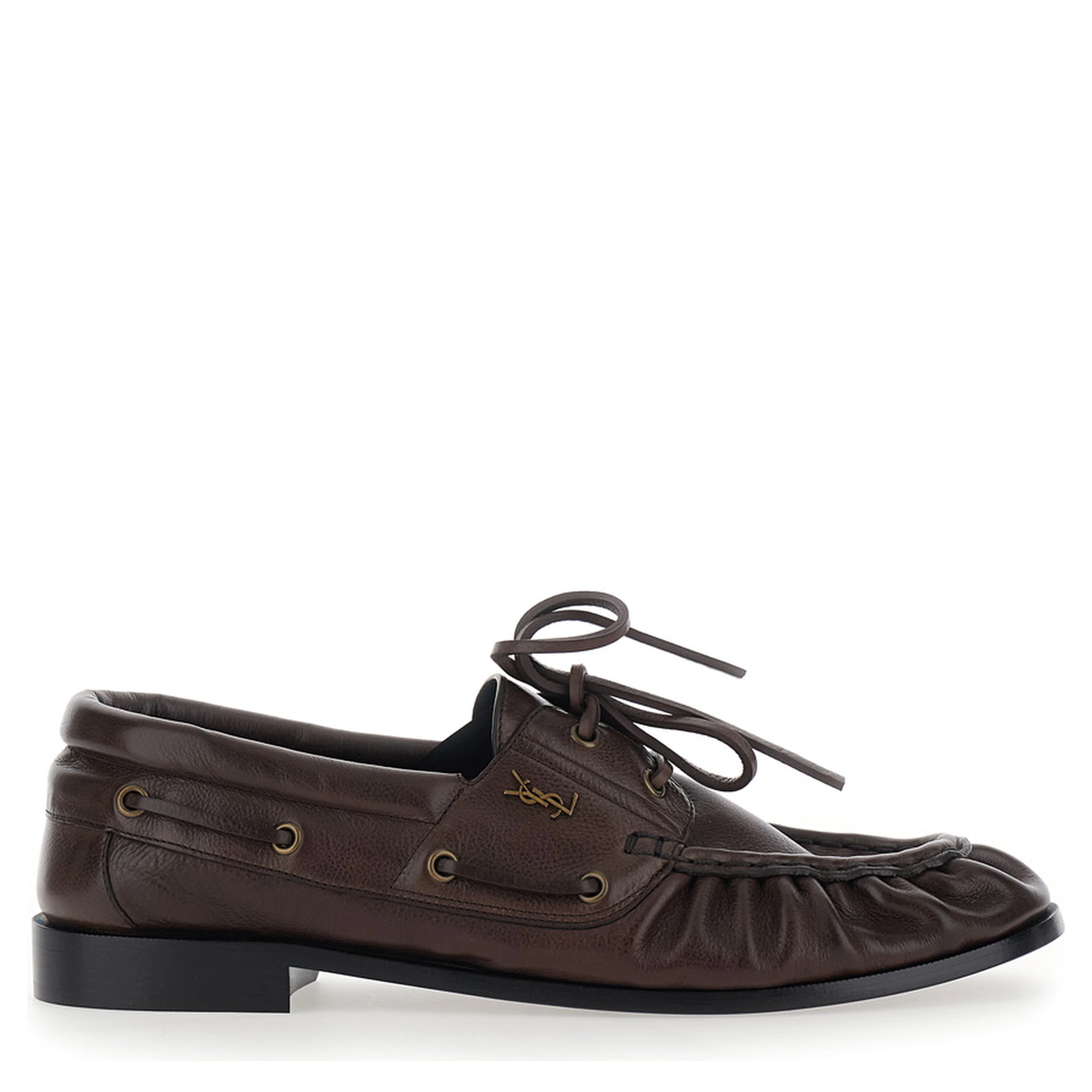 Le Loafer Bateau Brown Boat Shoes with Hand-Stitched Moc Toe and Cassandre Plate in Grained Leather Men