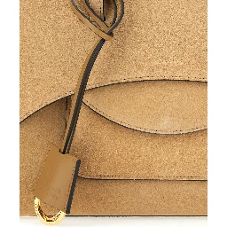 Beige Medium Handbag with Adjustable Shoulder Strap and Front Pocket in Suede for Women