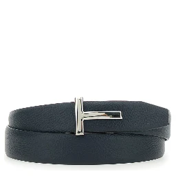 Reversible Belt with T Buckle and Crocodile-Embossed Leather Effect in Blue Leather for Men