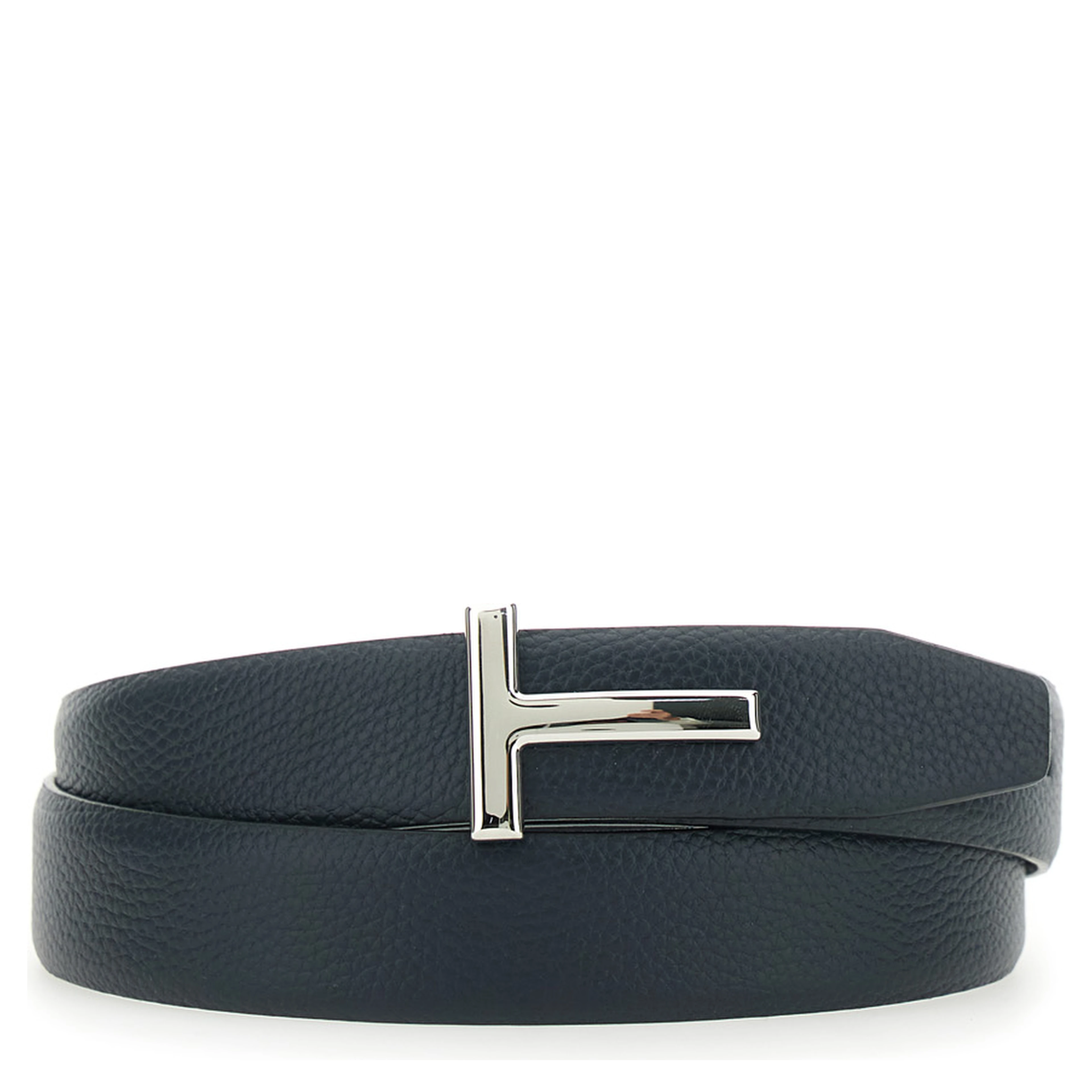 Reversible Belt with T Buckle and Crocodile-Embossed Leather Effect in Blue Leather for Men