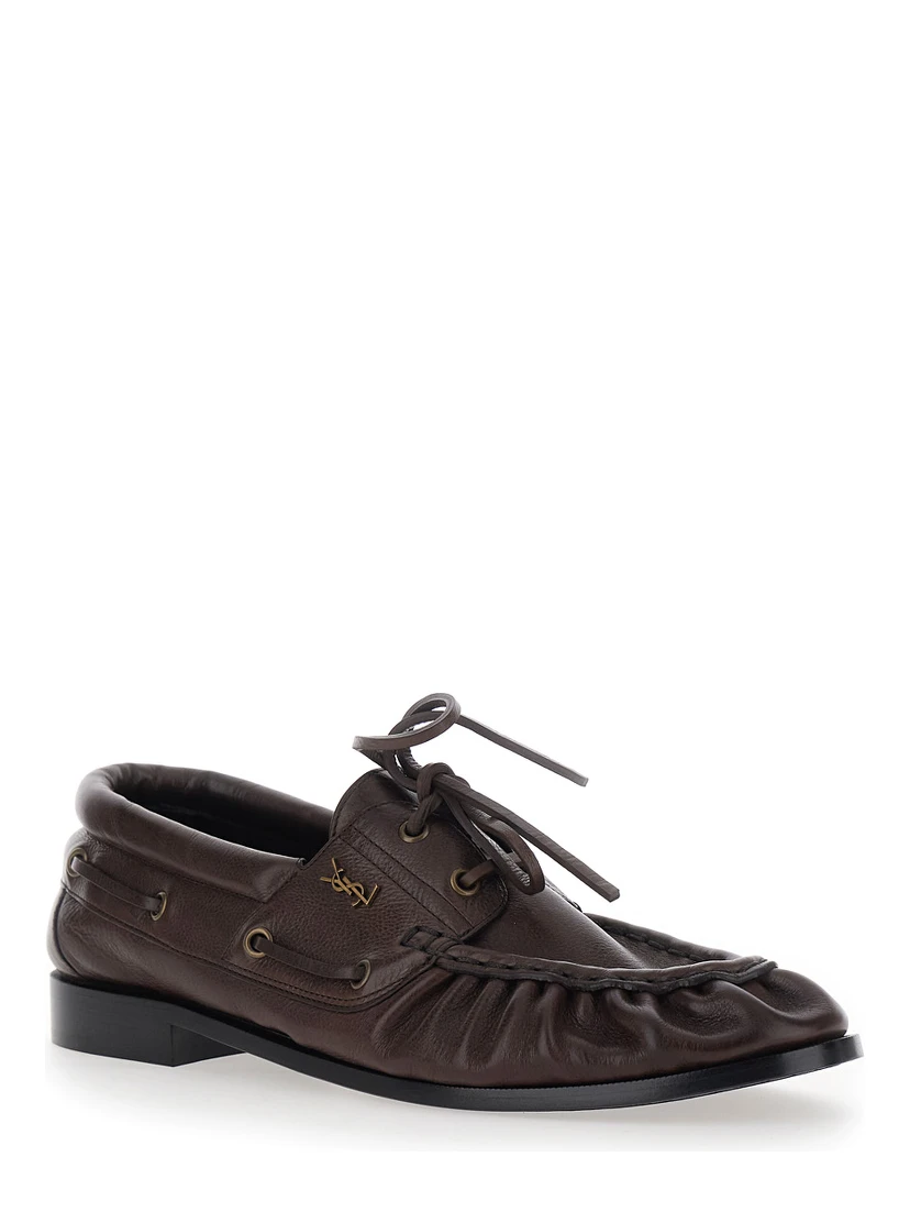 Le Loafer Bateau Brown Boat Shoes with Hand-Stitched Moc Toe and Cassandre Plate in Grained Leather Men