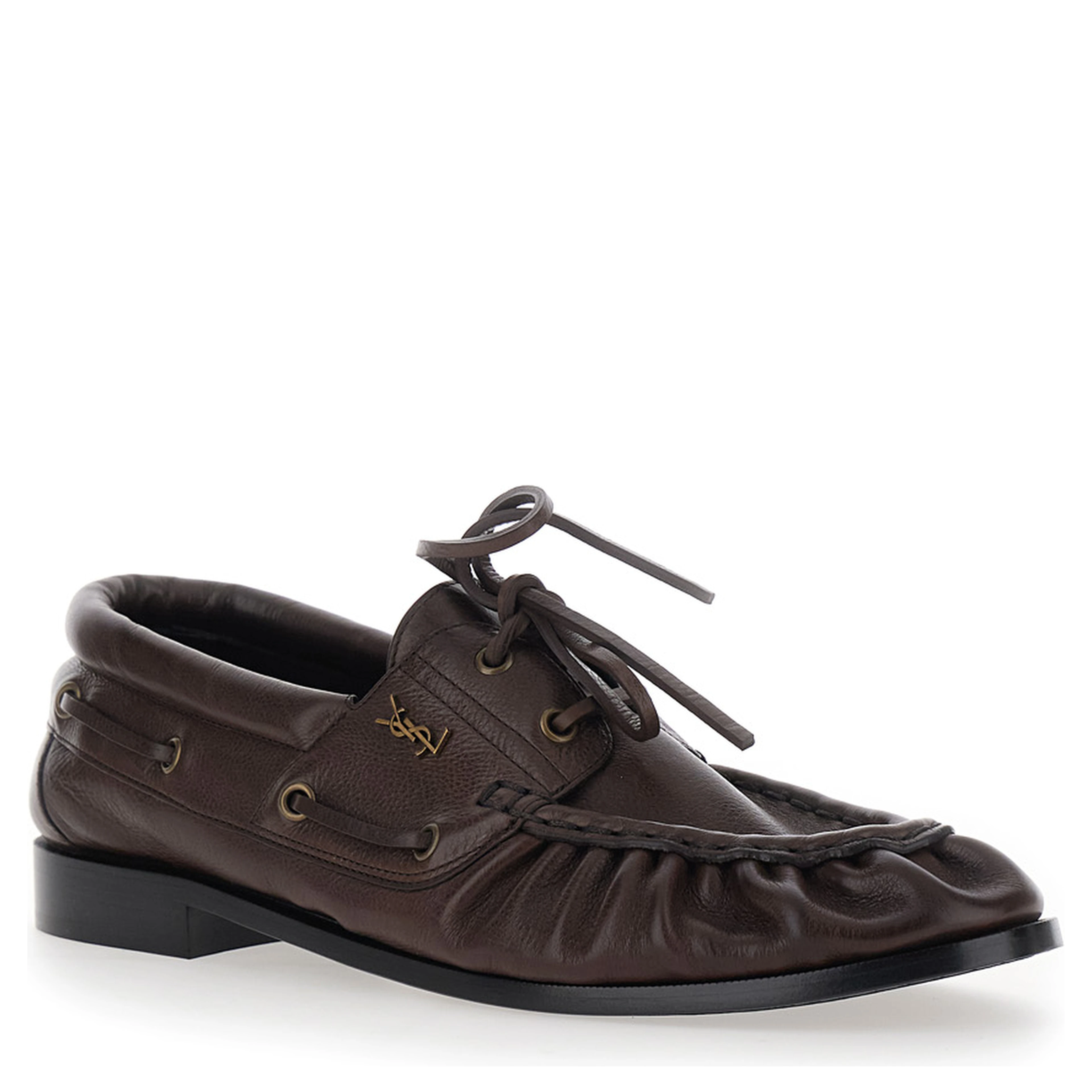 Le Loafer Bateau Brown Boat Shoes with Hand-Stitched Moc Toe and Cassandre Plate in Grained Leather Men