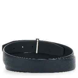 Reversible Belt with T Buckle and Crocodile-Embossed Leather Effect in Blue Leather for Men