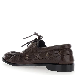 Le Loafer Bateau Brown Boat Shoes with Hand-Stitched Moc Toe and Cassandre Plate in Grained Leather Men