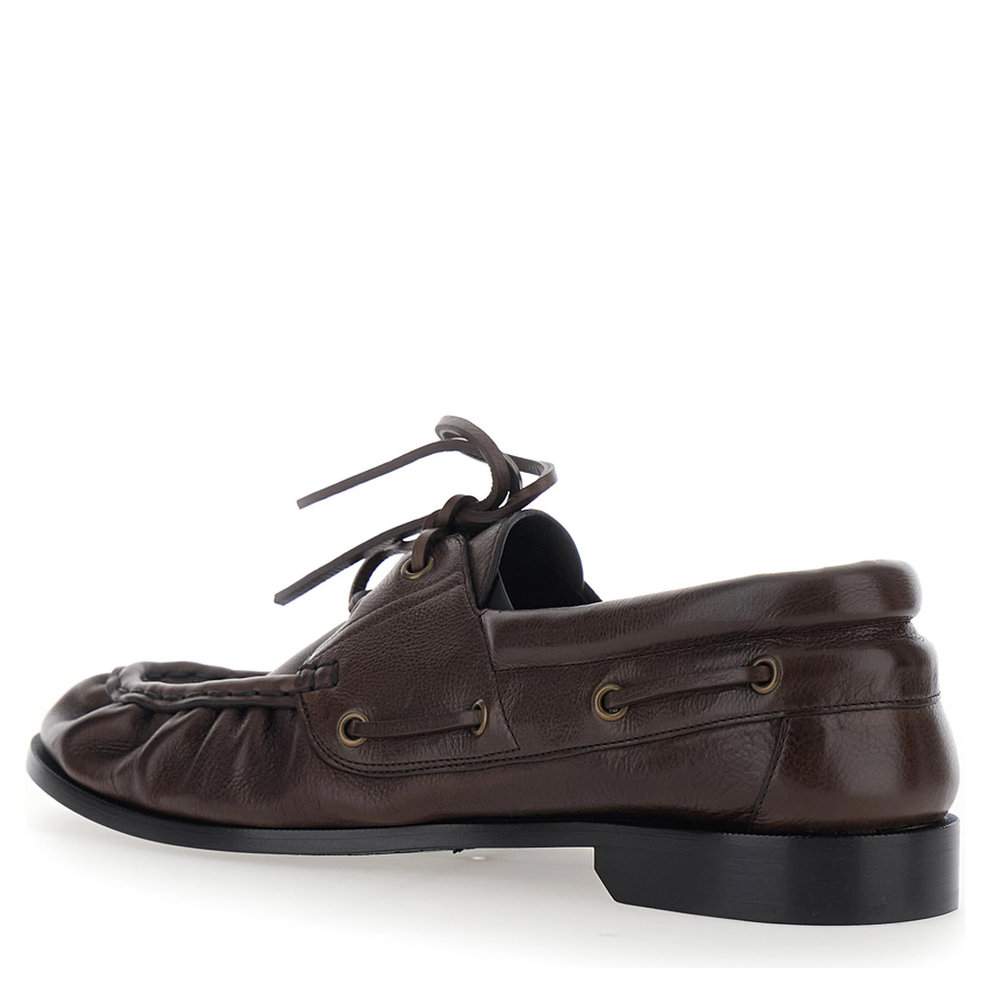 Le Loafer Bateau Brown Boat Shoes with Hand-Stitched Moc Toe and Cassandre Plate in Grained Leather Men
