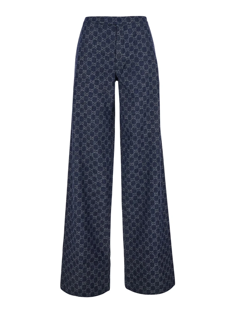 CHAMBRAY blue Pants with all-over GG print in denim for women