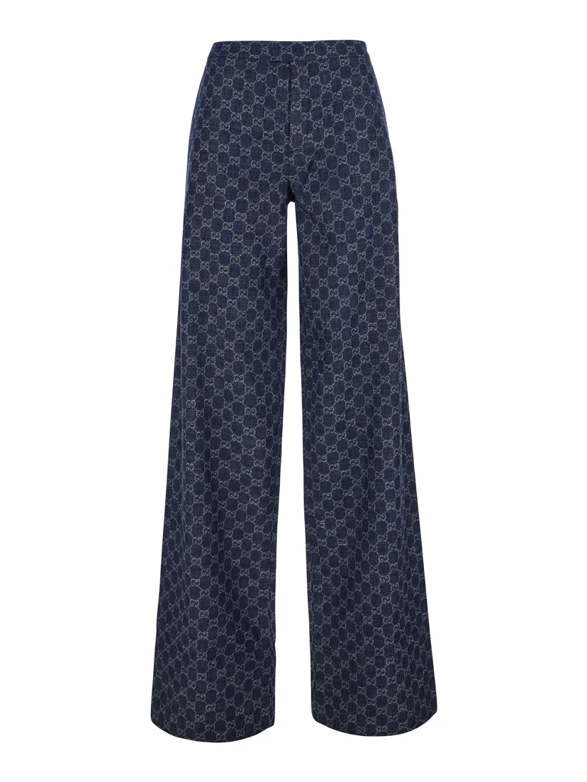 CHAMBRAY blue Pants with all-over GG print in denim for women