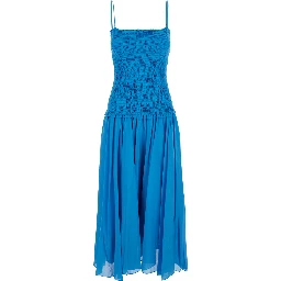 blue Long dress with thin straps and pleated design in silk and cotton for women