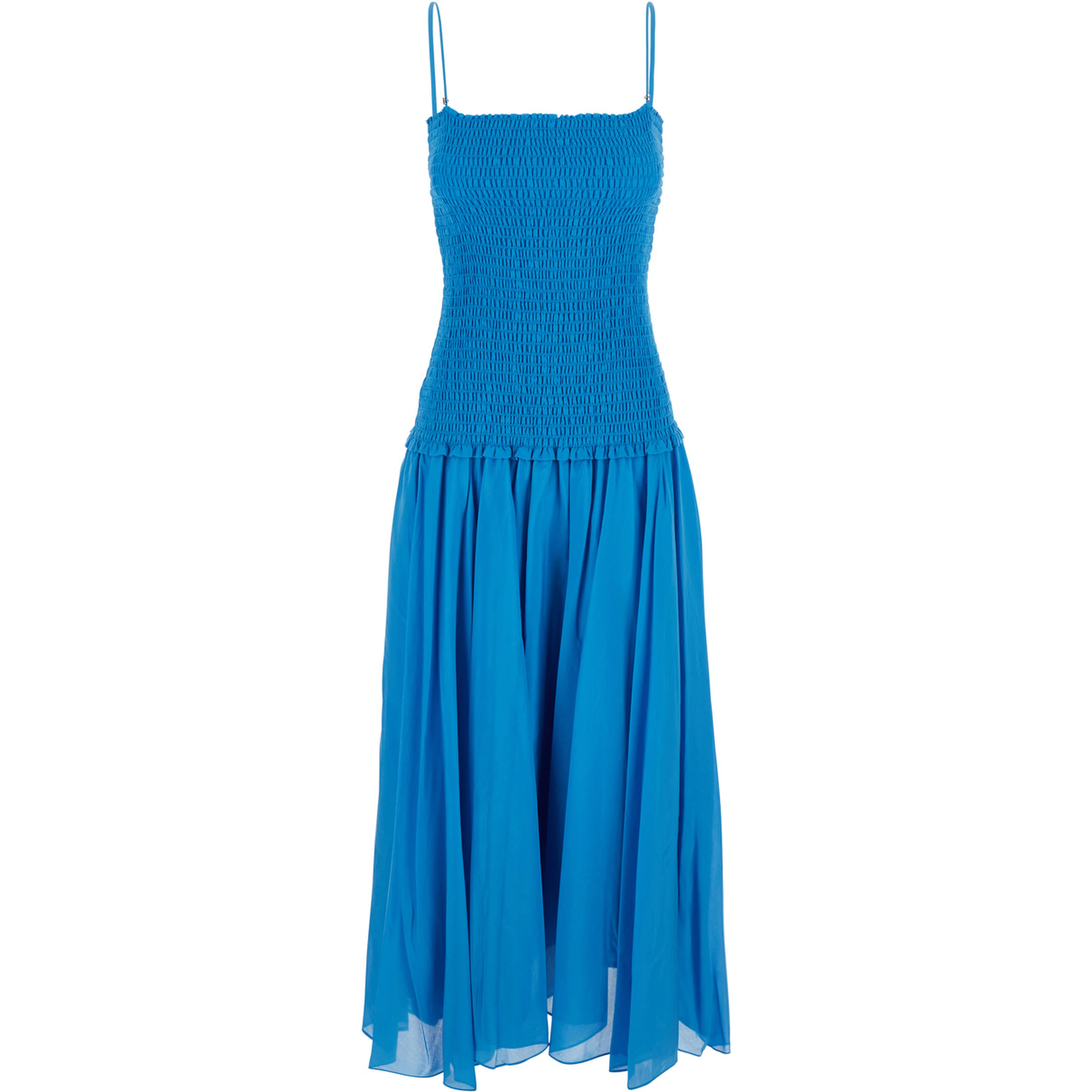 blue Long dress with thin straps and pleated design in silk and cotton for women