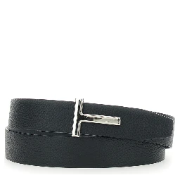 Reversible Belt with T Buckle and Crocodile-Embossed Leather Effect in Blue Leather for Men