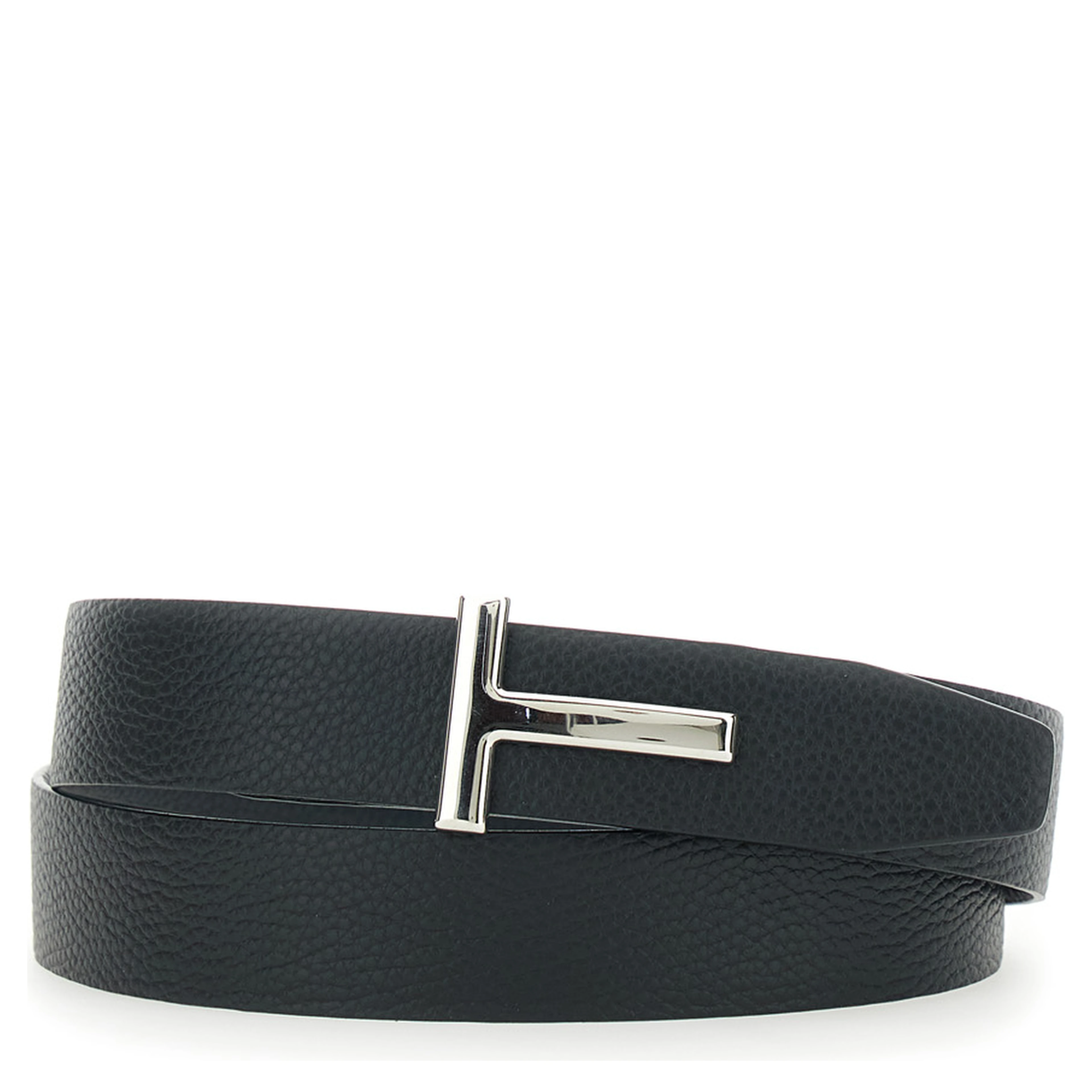 Reversible Belt with T Buckle and Crocodile-Embossed Leather Effect in Blue Leather for Men