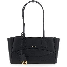 Black Small Shoulder bag with Front Pocket and Logo lettering in Leather for Women