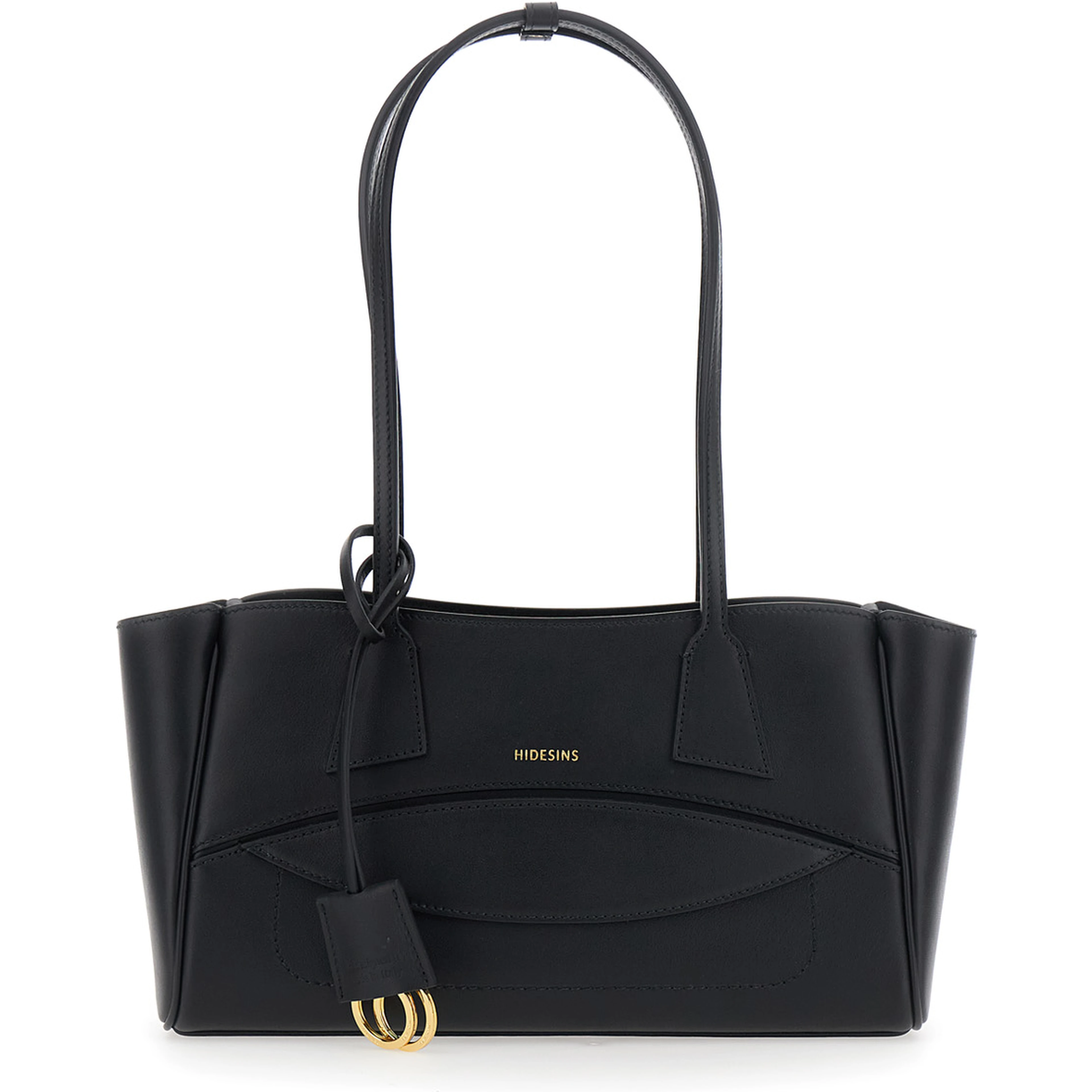 Black Small Shoulder bag with Front Pocket and Logo lettering in Leather for Women