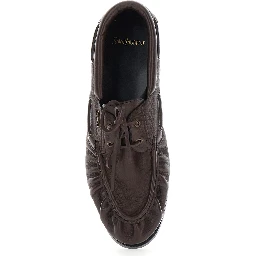 Le Loafer Bateau Brown Boat Shoes with Hand-Stitched Moc Toe and Cassandre Plate in Grained Leather Men