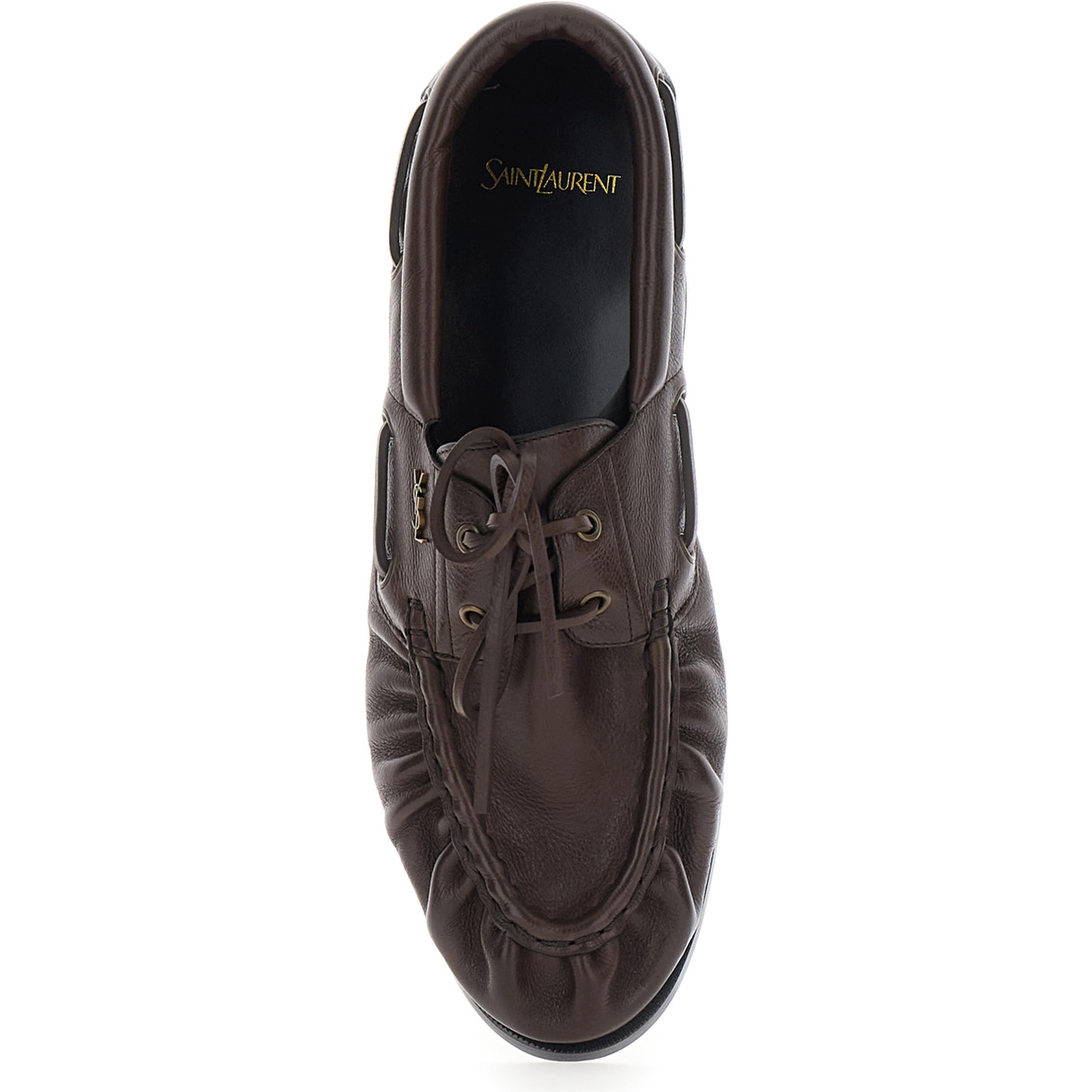 Le Loafer Bateau Brown Boat Shoes with Hand-Stitched Moc Toe and Cassandre Plate in Grained Leather Men