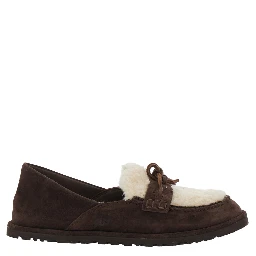Zora Brown loafers with fur details and front leather strap in suede for women