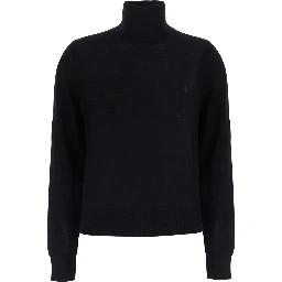 black Sweater with high collar and tone-on-tone Pony logo in wool for women
