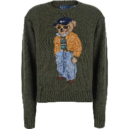 Green Crewneck Sweater with Maxi Bear Embroidery on the Front in Wool and Cashmere for Women