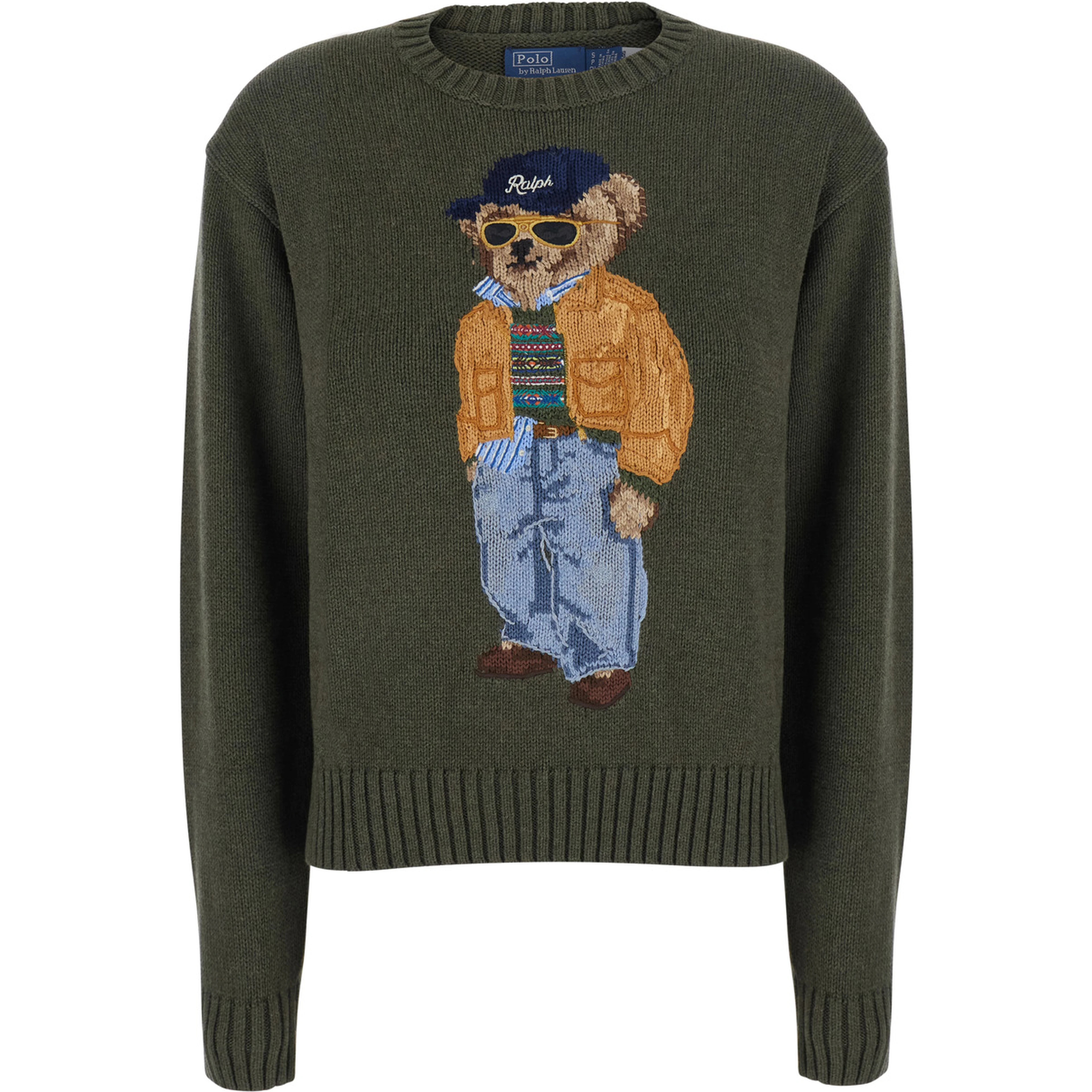 Green Crewneck Sweater with Maxi Bear Embroidery on the Front in Wool and Cashmere for Women