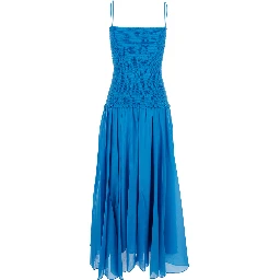 blue Long dress with thin straps and pleated design in silk and cotton for women