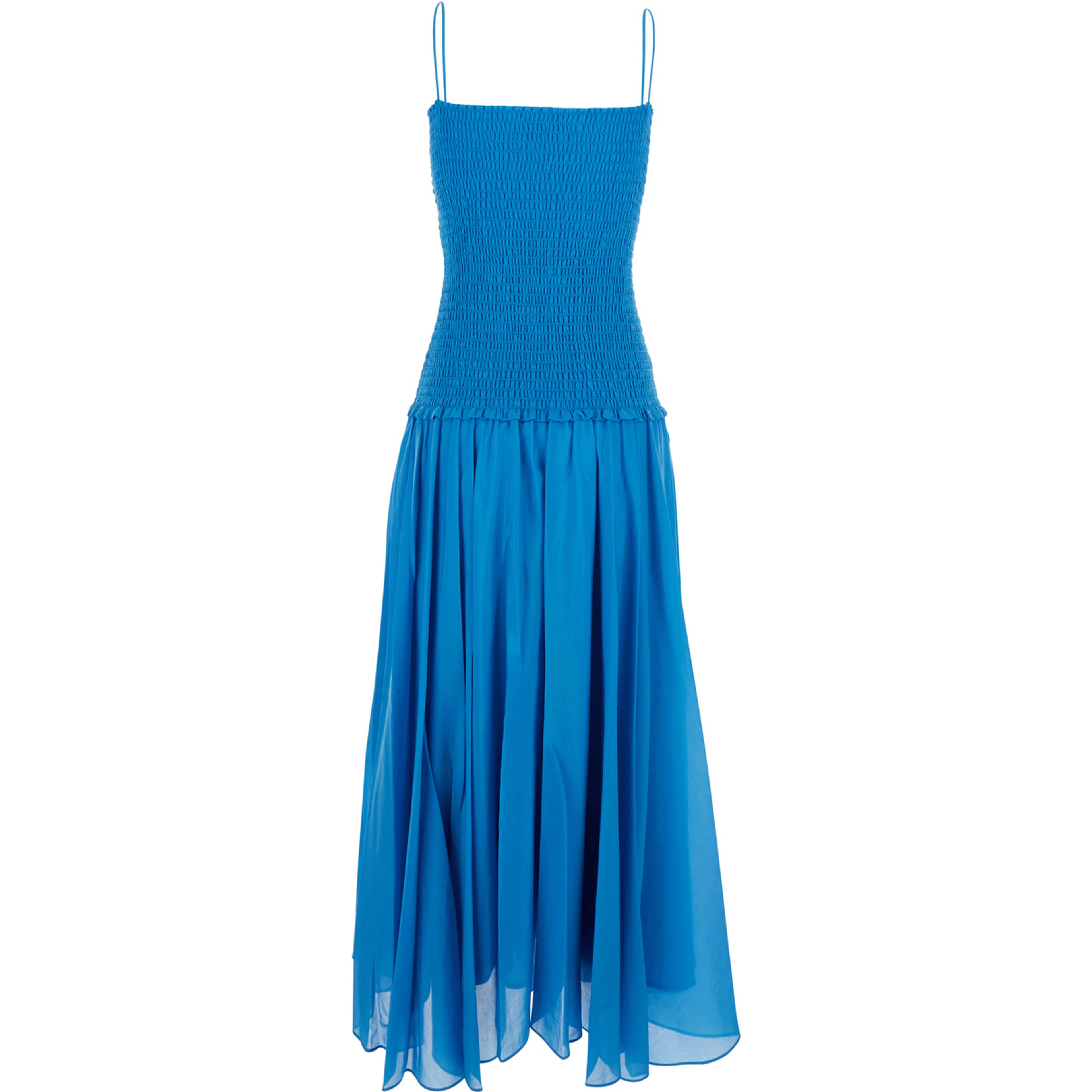 blue Long dress with thin straps and pleated design in silk and cotton for women