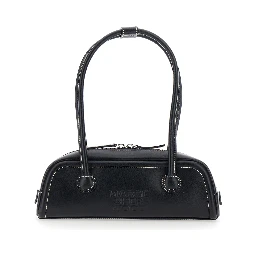 Soft Boston Mini Black Shoulder bag with Two Top Handles and Logo lettering on the Front in Leather for Women