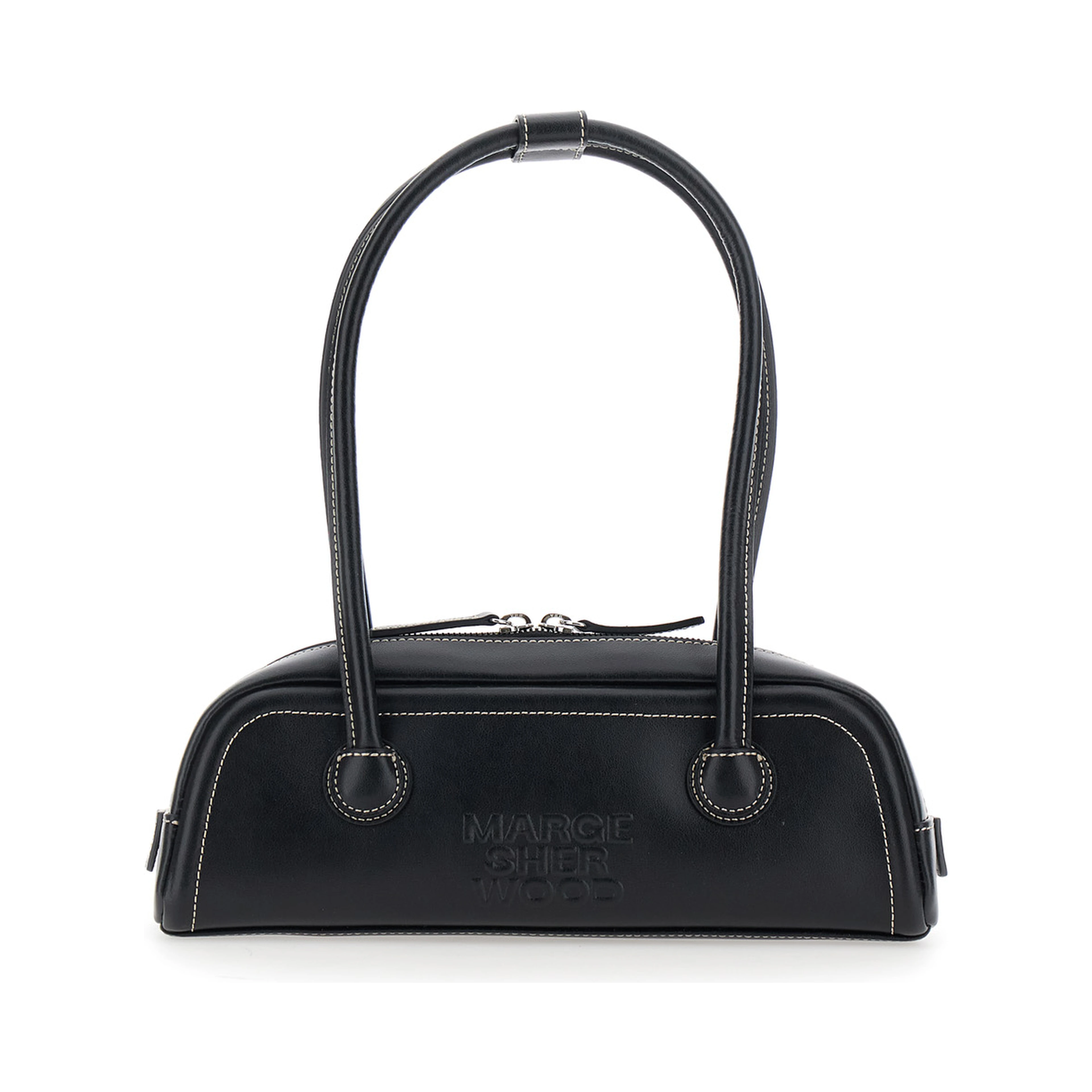 Soft Boston Mini Black Shoulder bag with Two Top Handles and Logo lettering on the Front in Leather for Women