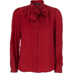 Red Shirt with Bow on the Front and GG Chain Motif All-Over in Silk for Women