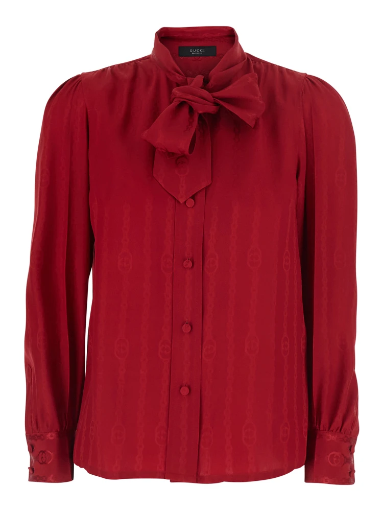 Red Shirt with Bow on the Front and GG Chain Motif All-Over in Silk for Women