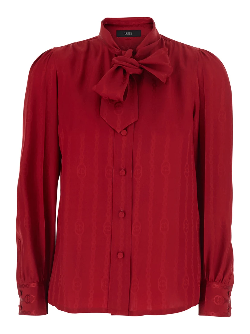 Red Shirt with Bow on the Front and GG Chain Motif All-Over in Silk for Women