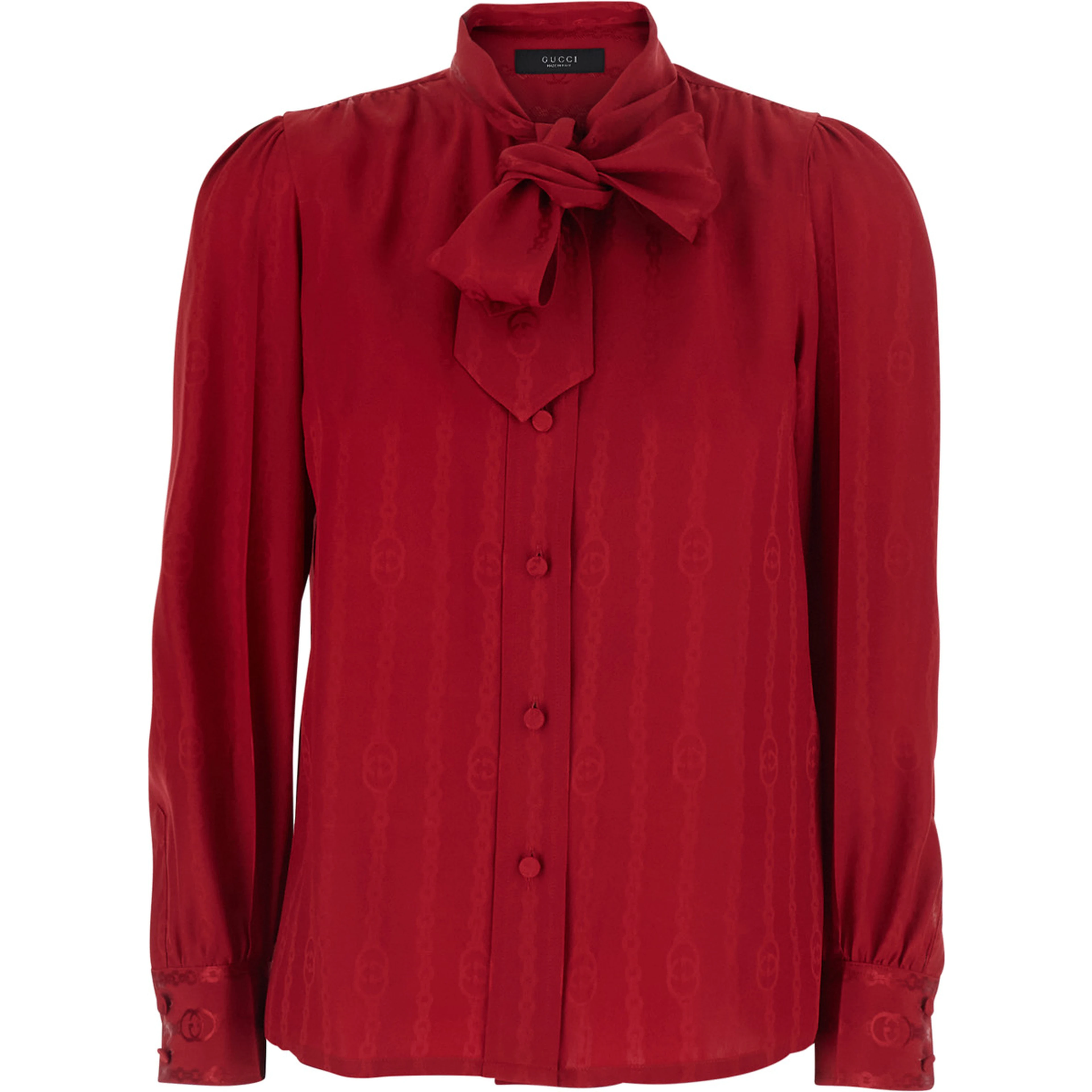 Red Shirt with Bow on the Front and GG Chain Motif All-Over in Silk for Women