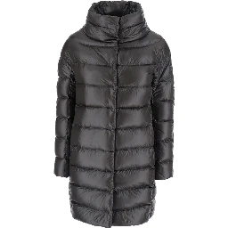 Dora Gray Down jacket with high collar and logo plaque on the back in tech fabric for women