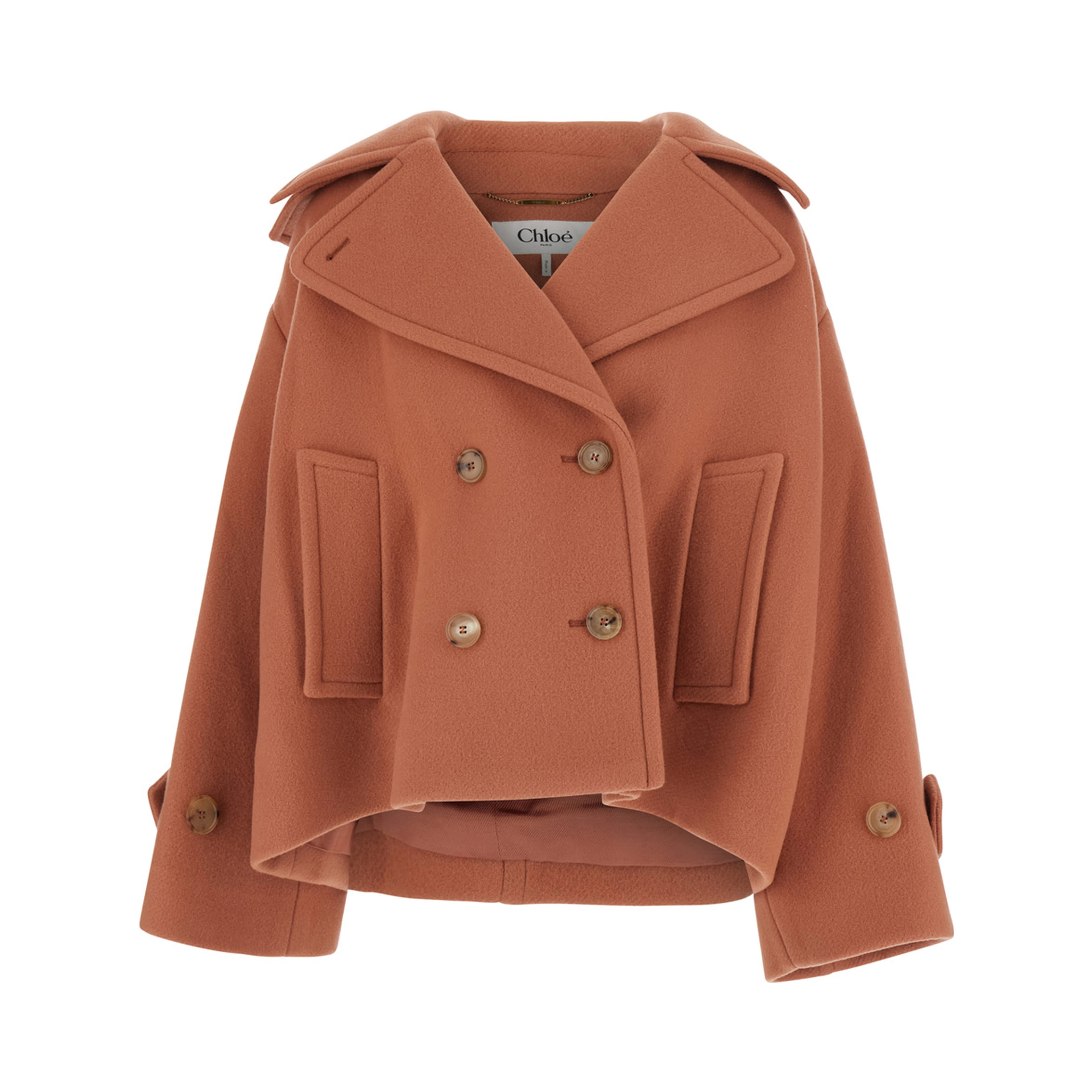 Pink Short Oversized Jacket with High Collar and Buttons in Blend Wool for Women