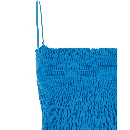 blue Long dress with thin straps and pleated design in silk and cotton for women