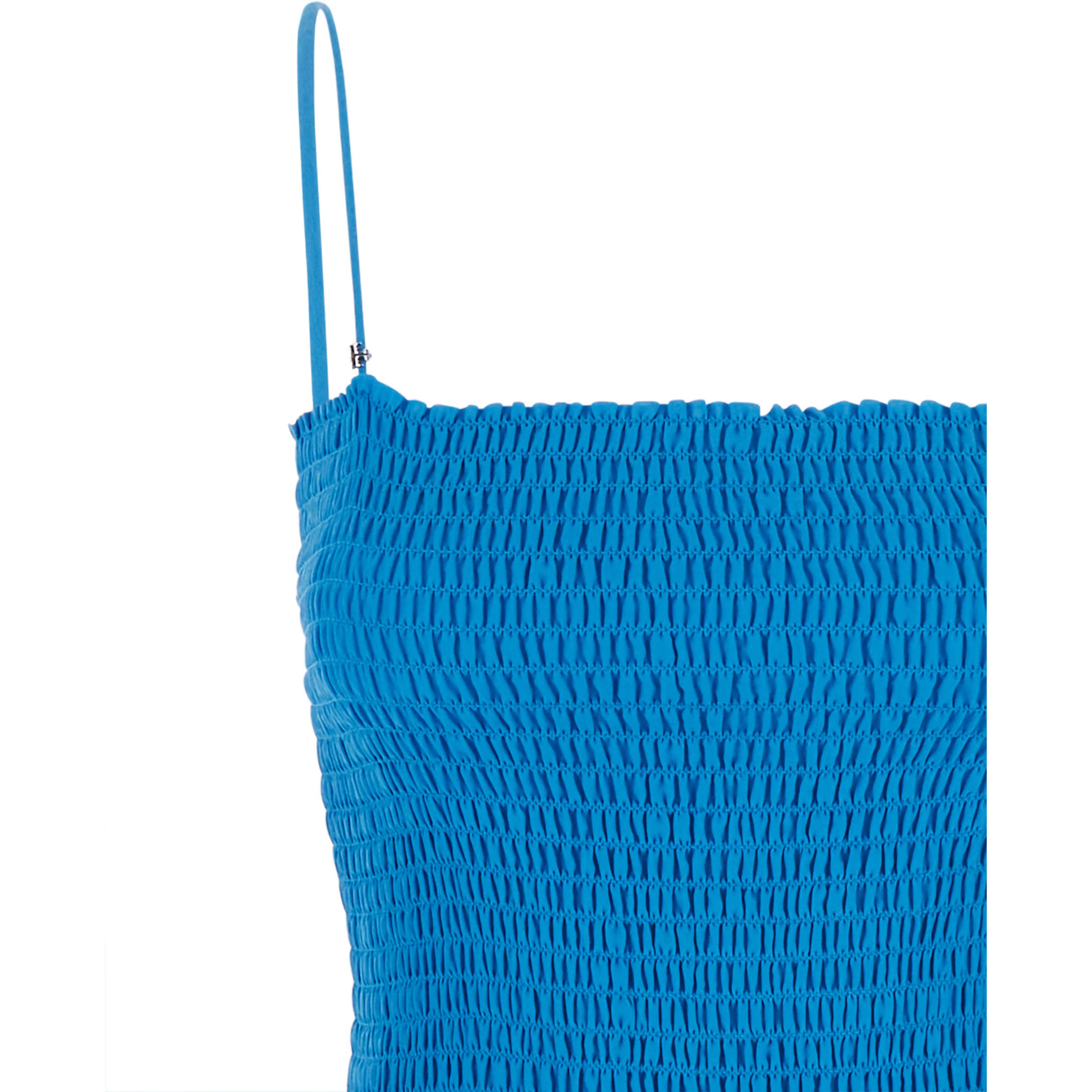 blue Long dress with thin straps and pleated design in silk and cotton for women
