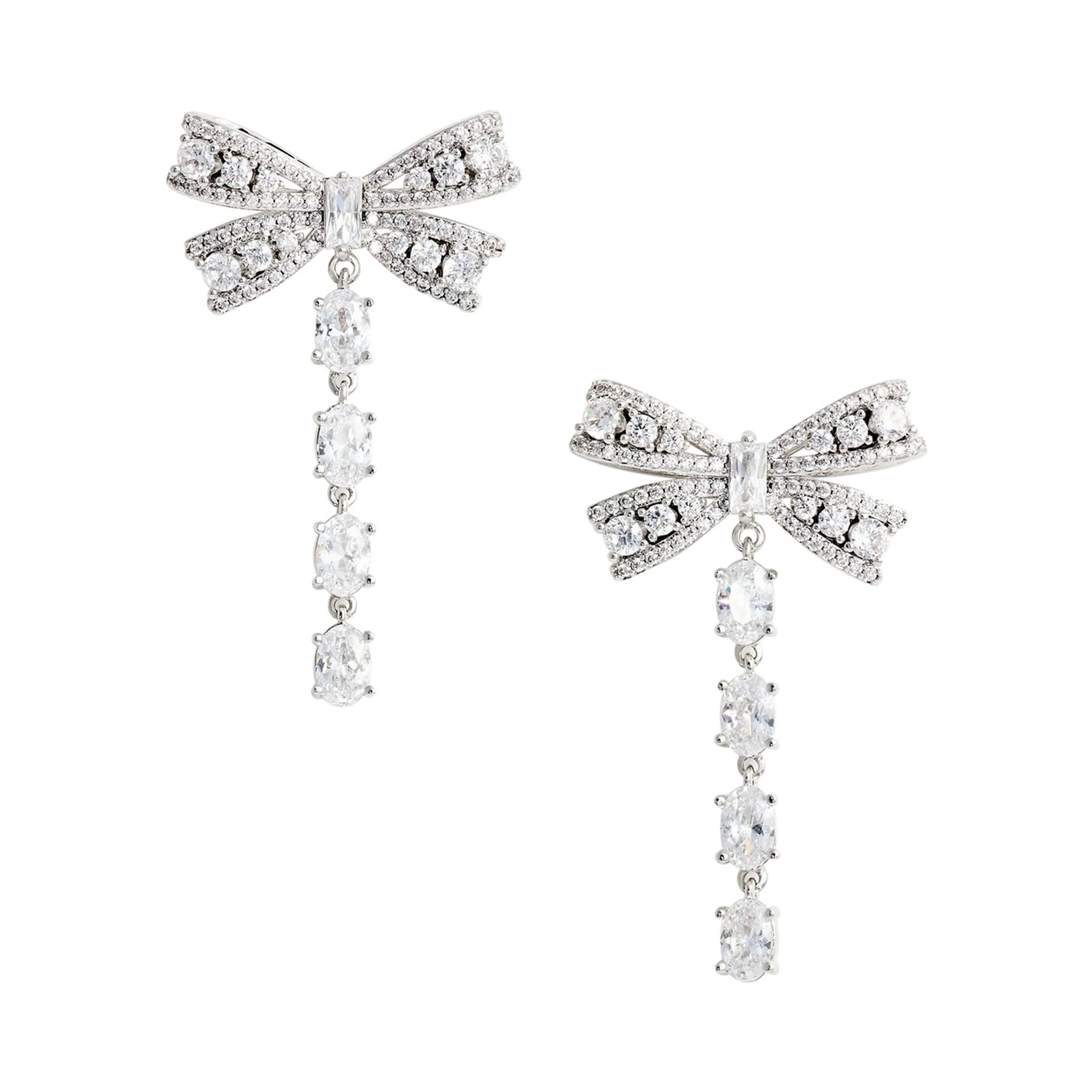 Silver-Colored Bow and Crystal Drop Earrings in Metal for Women