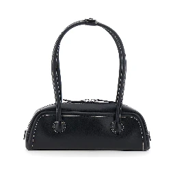 Soft Boston Mini Black Shoulder bag with Two Top Handles and Logo lettering on the Front in Leather for Women
