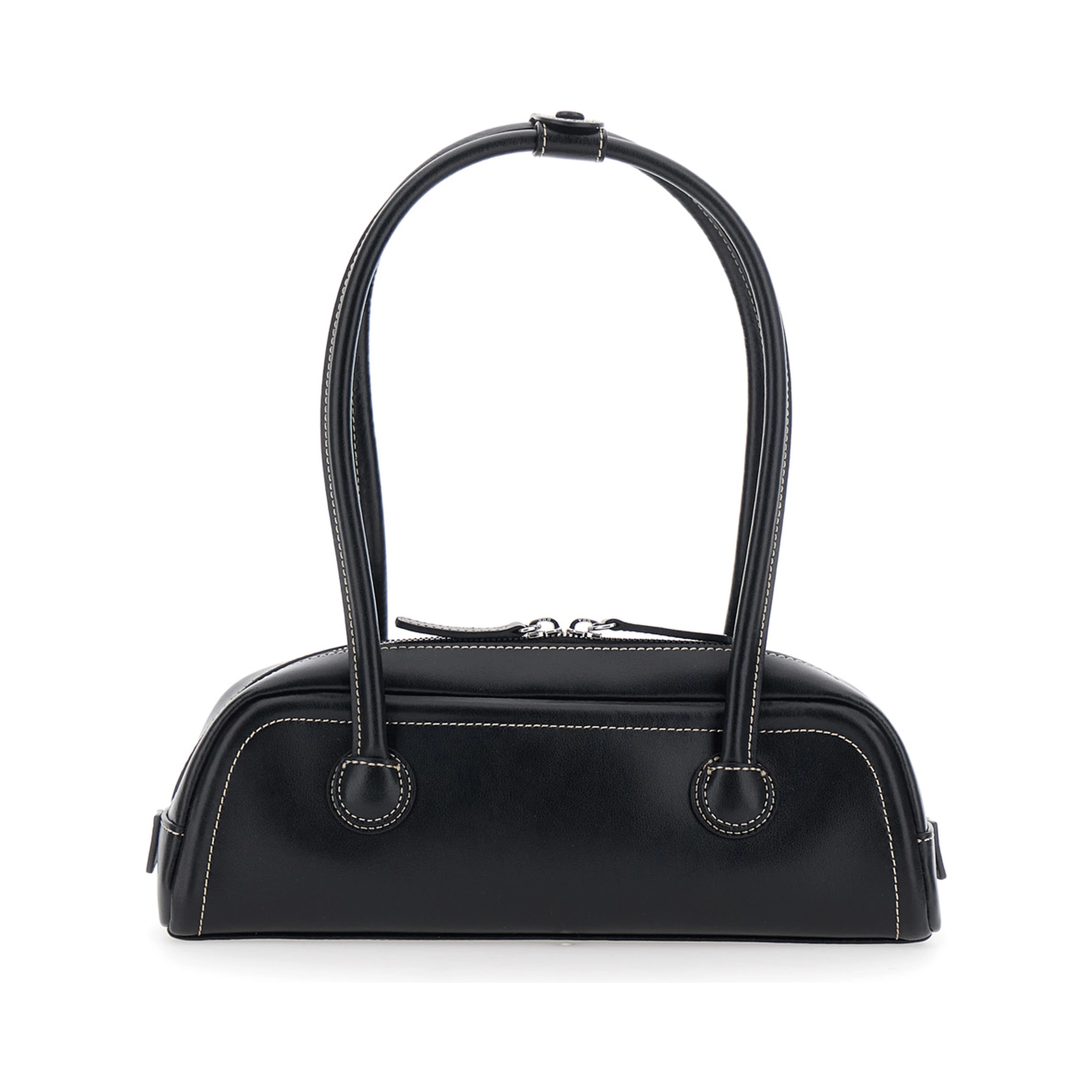 Soft Boston Mini Black Shoulder bag with Two Top Handles and Logo lettering on the Front in Leather for Women