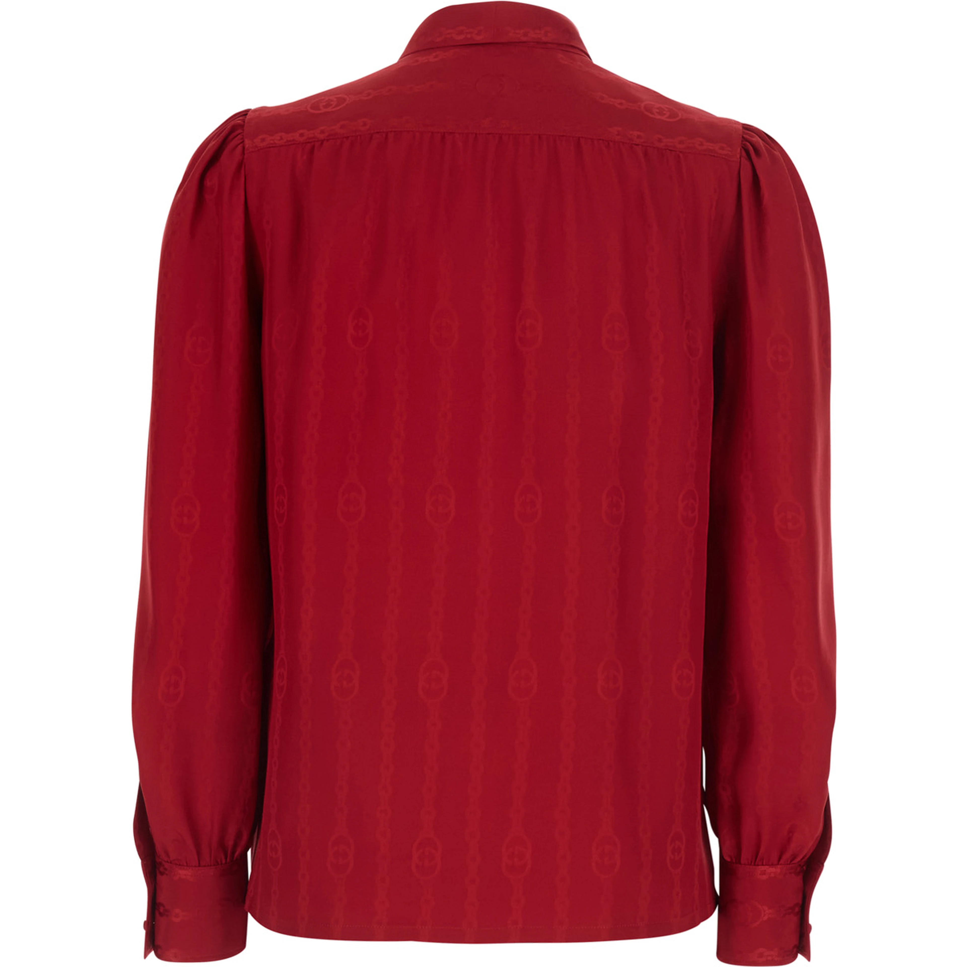 Red Shirt with Bow on the Front and GG Chain Motif All-Over in Silk for Women