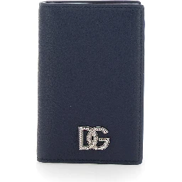 Blue Cardholder with Logo Plate on the Front in Grained Leather for Men