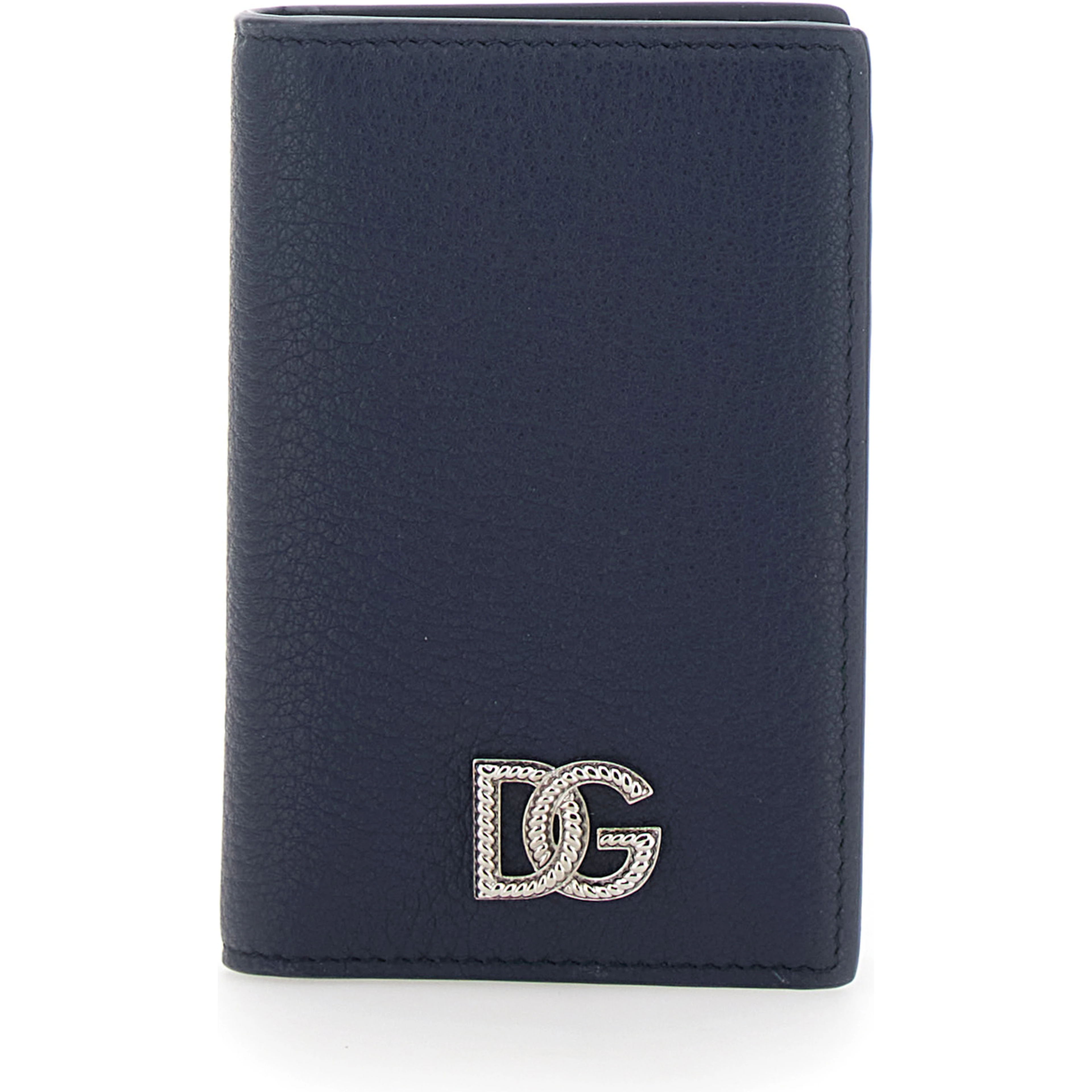 Blue Cardholder with Logo Plate on the Front in Grained Leather for Men