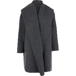 Gray hooded coat with shawl lapels in wool for women