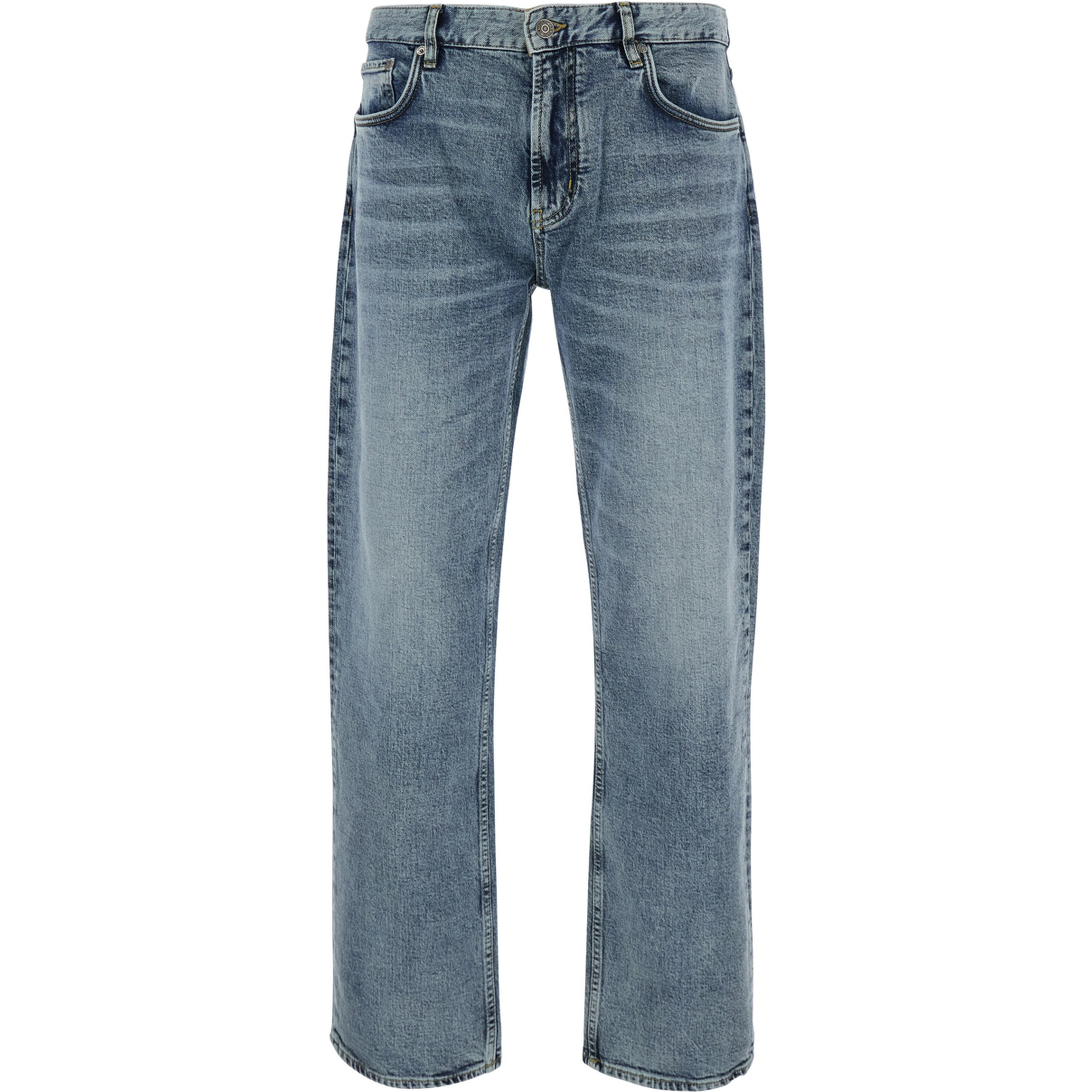 Blue Jeans with logo patch on the back and faded design in denim for men
