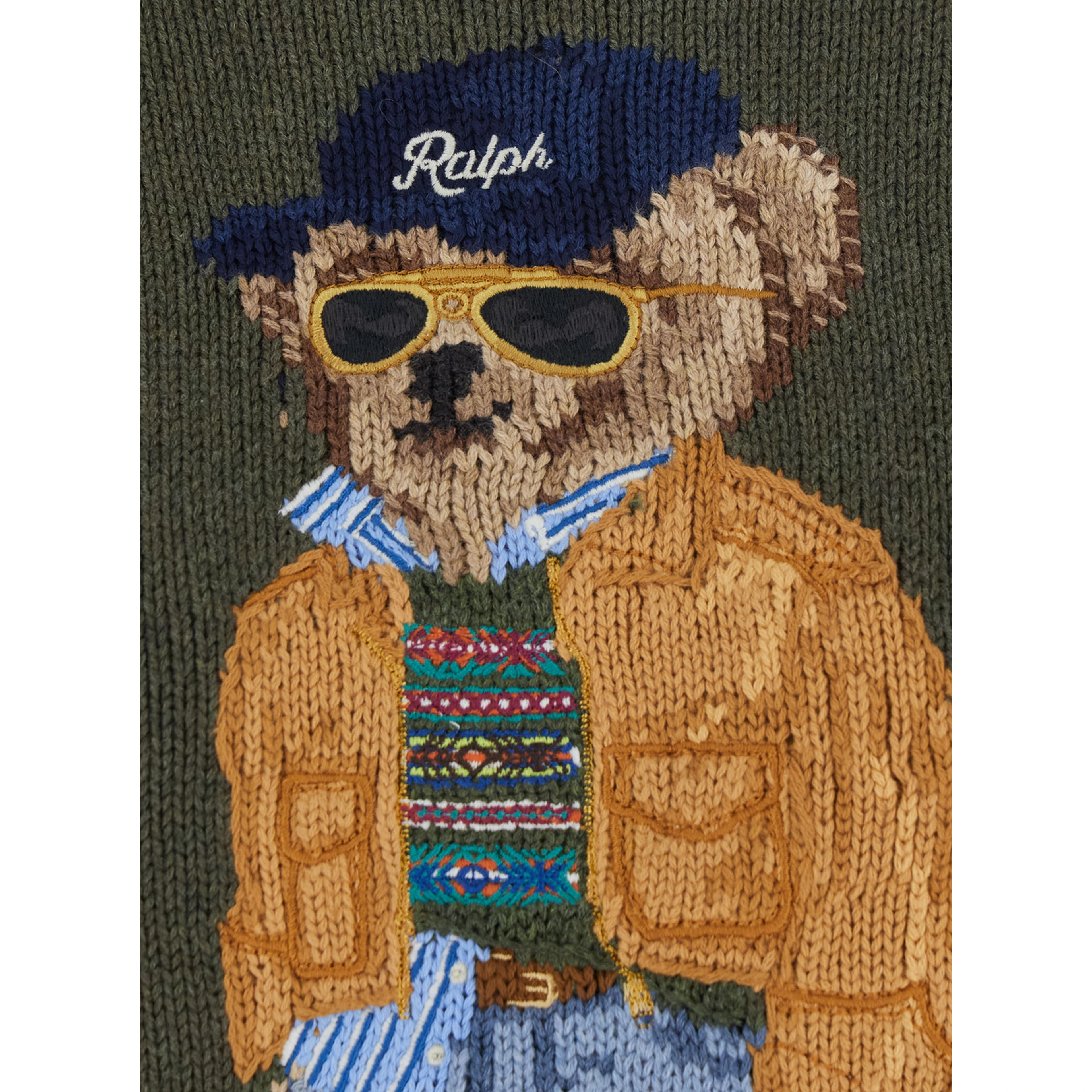 Green Crewneck Sweater with Maxi Bear Embroidery on the Front in Wool and Cashmere for Women