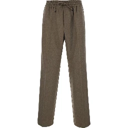 Brown Pants with Elastic Waist and Drawstring in Blend Stretch Wool for Men