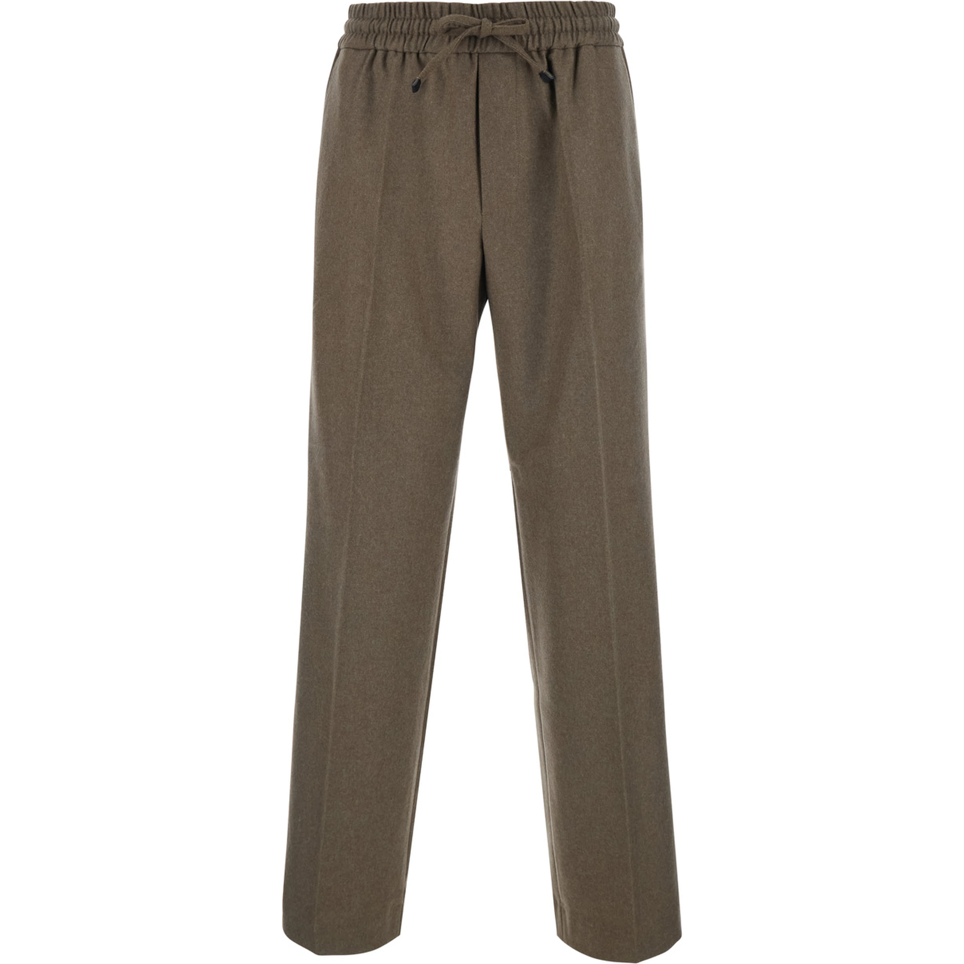Brown Pants with Elastic Waist and Drawstring in Blend Stretch Wool for Men